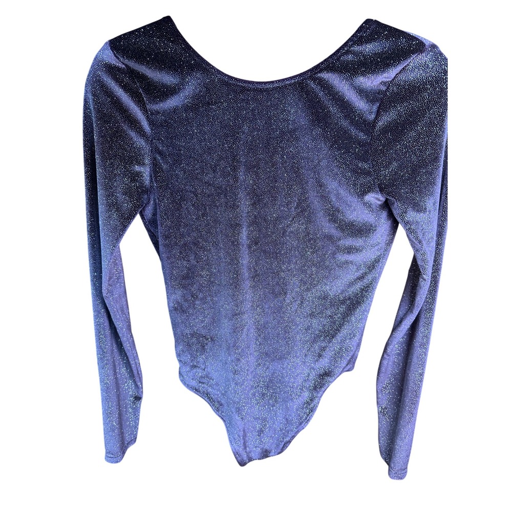 Victoria Sport Purple Glitter Velvet Bodysuit Long Sleeve Deep V-Back XS